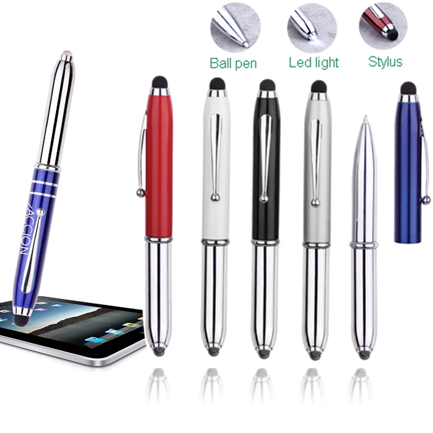 Coustomied 3 in 1 stylus rechargeable pen light promotional OEM luxury brass pen with led light pen light