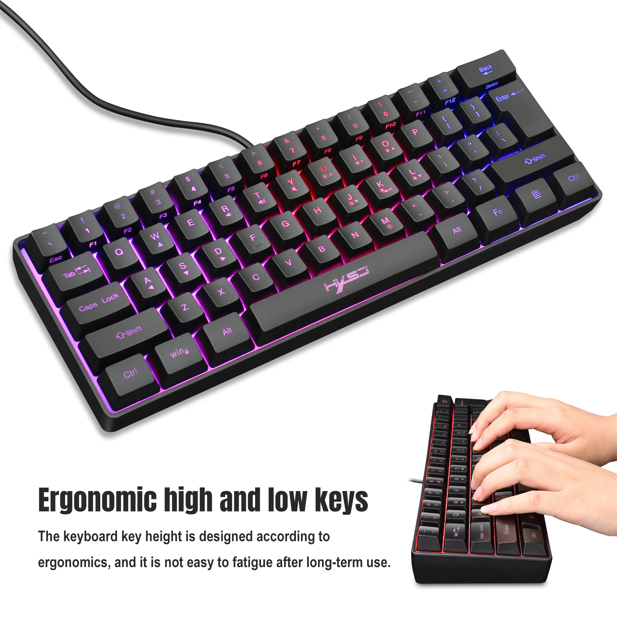 HXSJ 2021 Новый USB Проводная игровая мини клавиатура мембранная RGB подсветкой 61-клавишная ноутбука АБС офисные туфли черного