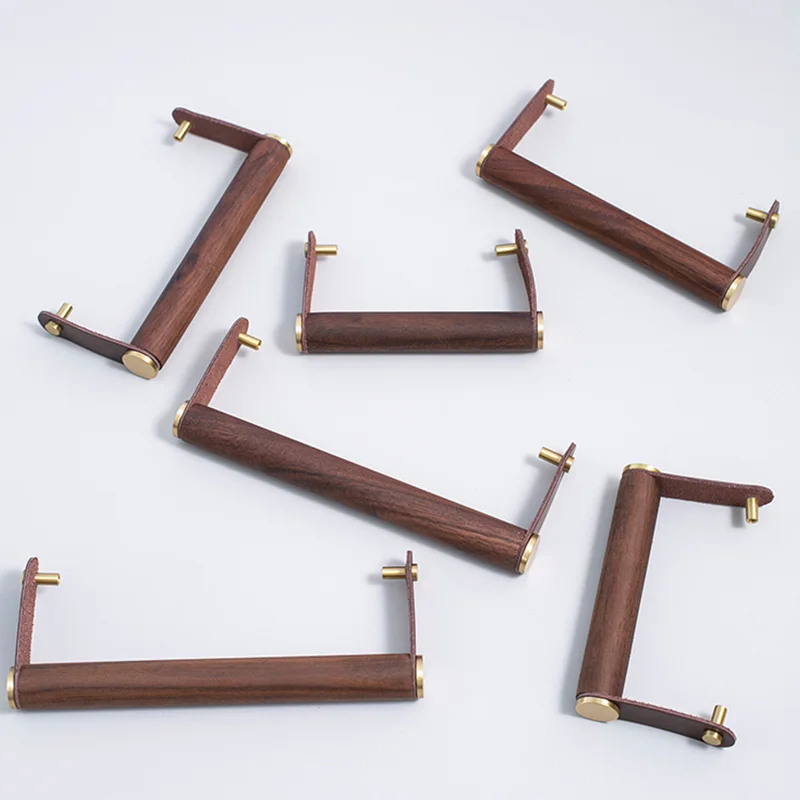 Original design walnut brass small pull hand Nordic light luxury high-end clothes cabinet door drawer furniture cowhide handle