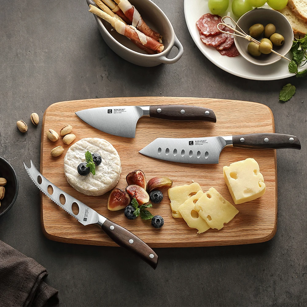 XINZUO New Design Cheese Board Knife Set High quality German Stainless Steel Oak Wood Block Wooden Tray Kit Gifts