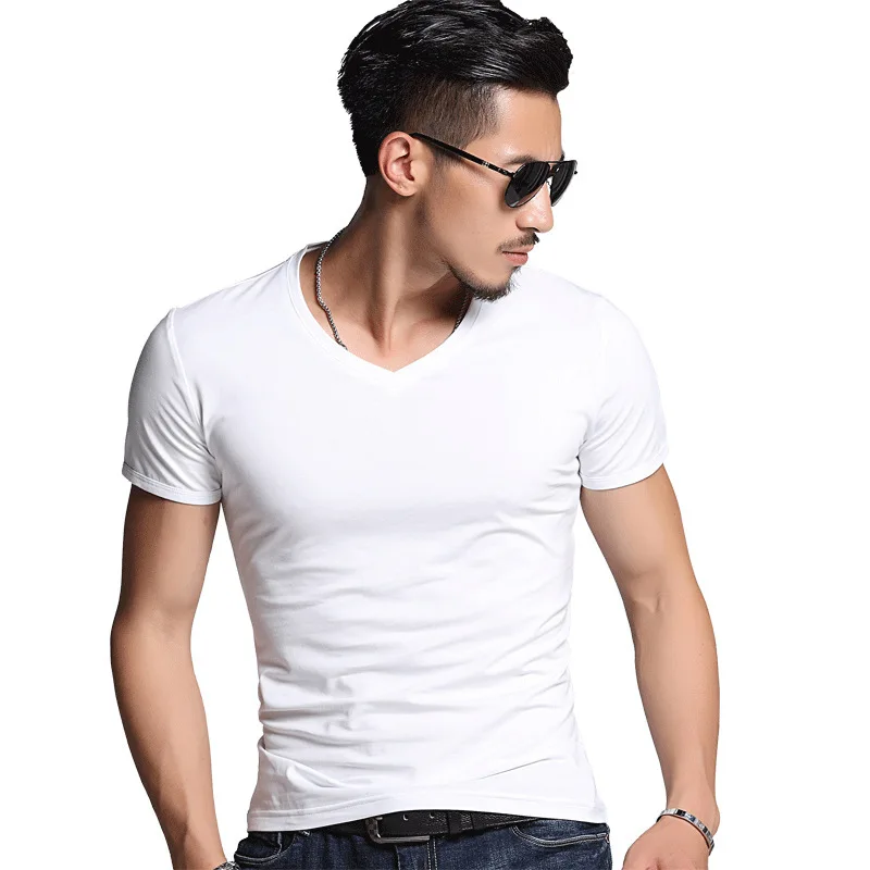 C Deep V Neck T Shirt For Men Low Cut Vneck Wide Vee Tee Male Tshirt Invisible Undershirt Model Scoop Hem Slim Fit Short Sleeve