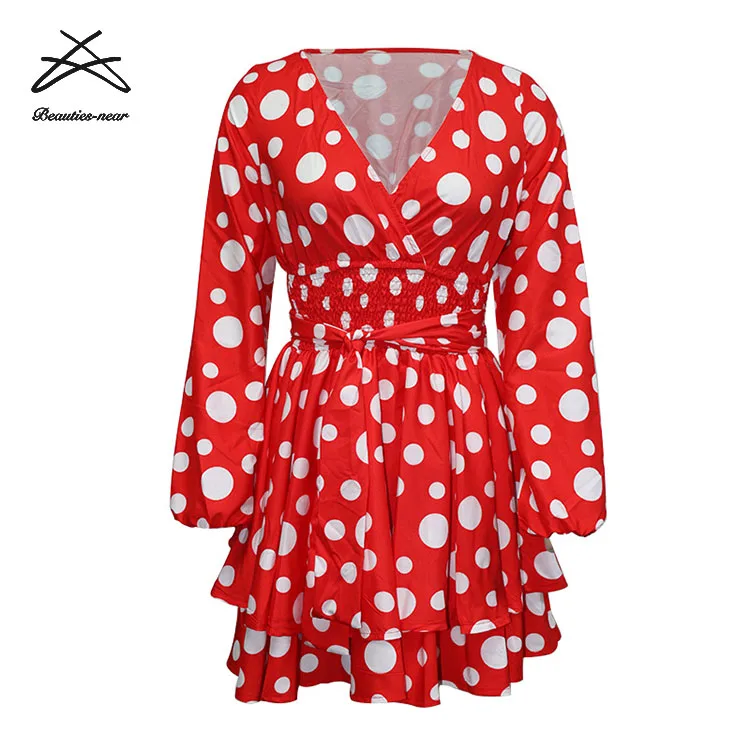 Women V-neck Empire Dress Polka Dot Black Red A Line Spring Long Sleeve Summer Mini Dress For Women