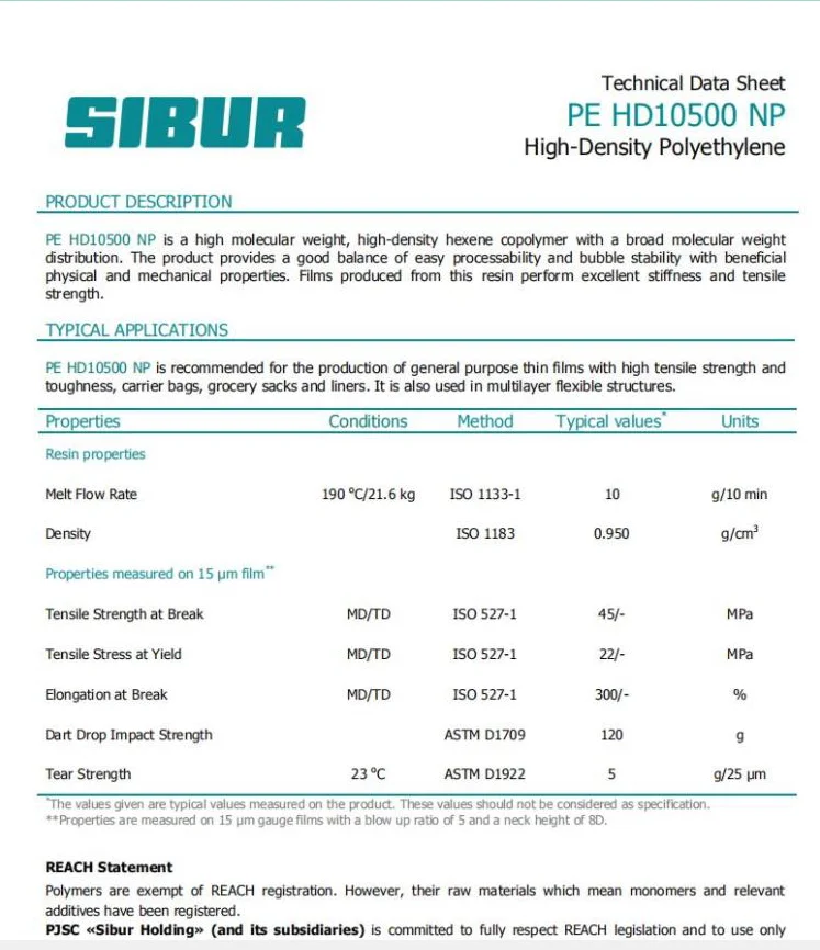 HDPE granules VIRGIN SIBUR HDPE 10500FE 10500NP -FILM