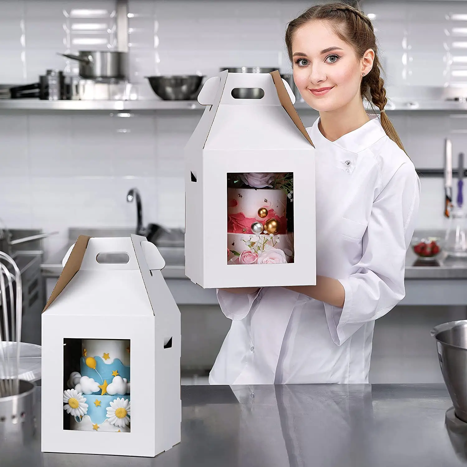Большие коробки для торта из гофрированного картона с ручкой высокие окошком многоуровневые свадебного