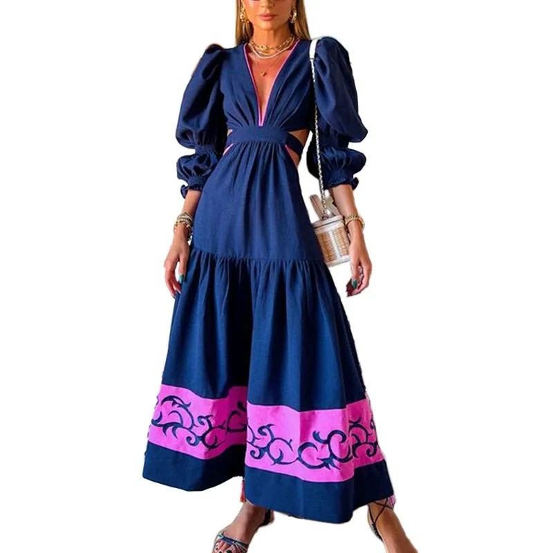 J&H 2022 new fashion hollow out maxi dress ladies designed sleeve halter boho dress summer elegance long dress