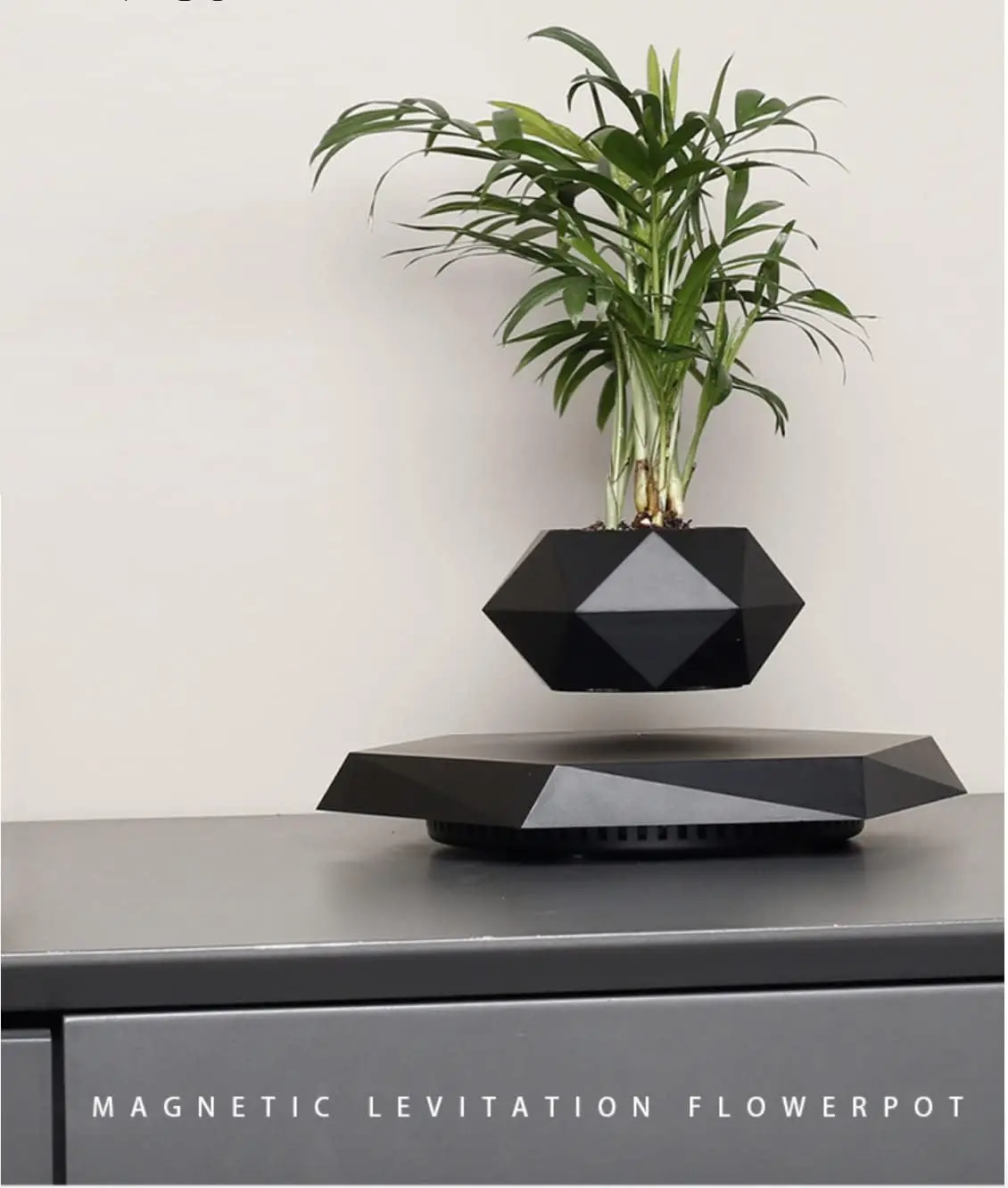GUIYING Black Hexagon Air Bonsai Floating Plant Pot 360 Degree Rotation Magnetic Levitating Flower Pot Home Office Desk Decor