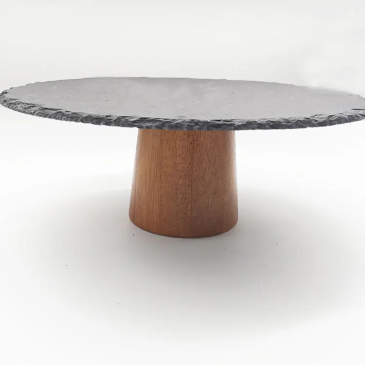Eco-Friendly Natural Round Slate Cake Plate For Dessert With Wooden Stand