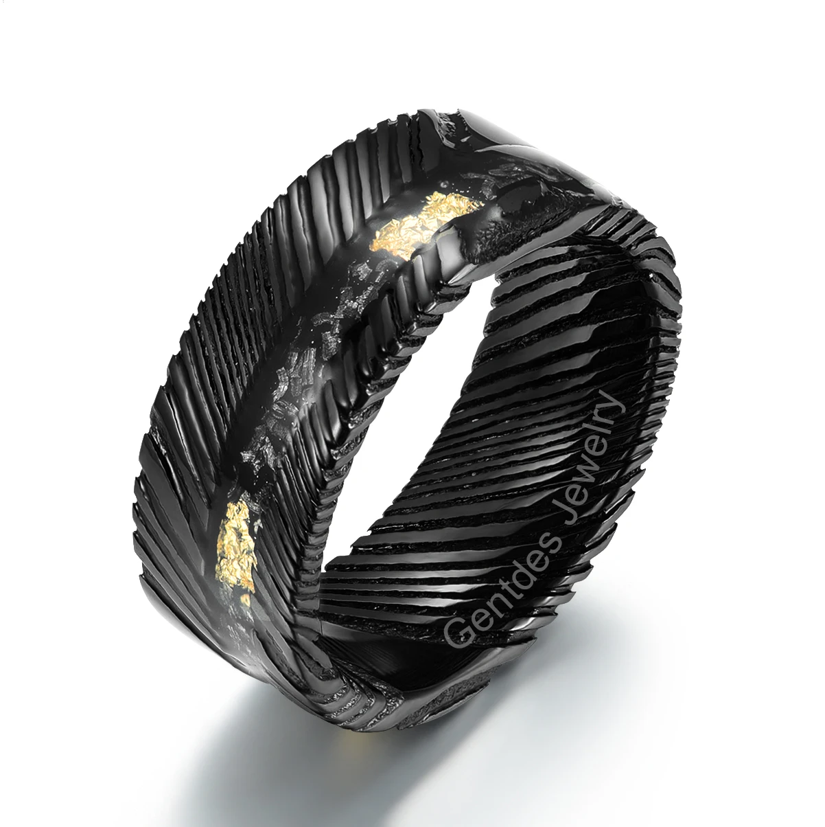 Gentdes Jewelry 8mm Black Damascus Steel Ring Inlaid With Meteorite Gold Foil Wedding Ring For Mens