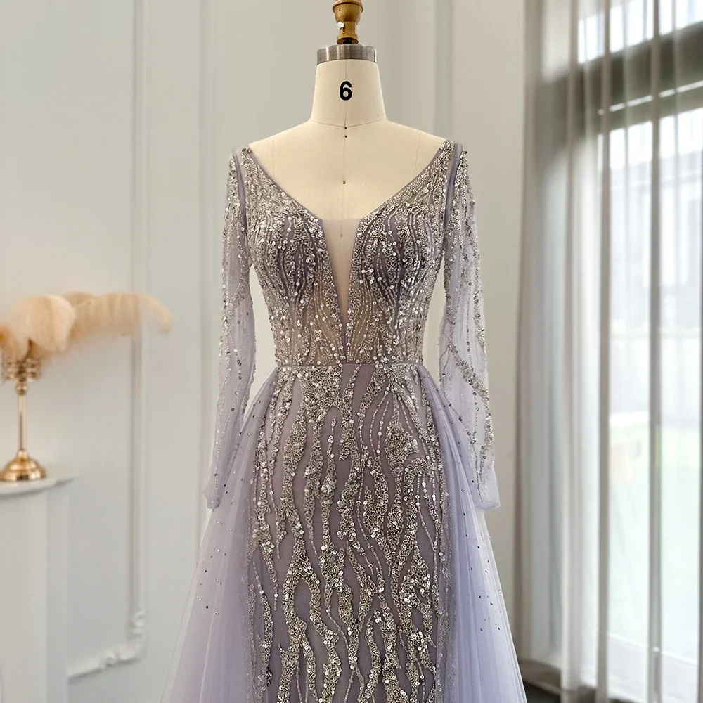 ASA-SS52 Luxury Beading V-neckline Tulle Evening Dresses Plus Size Long Sleeves Purple Party Formal Dresses for Women