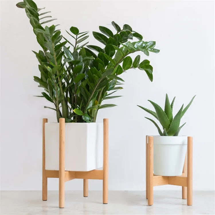 100% Bamboo Wood Varnished Adjustable Modern Mid Century Wooden Flower Pot Holder