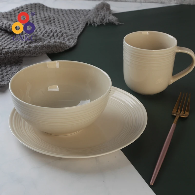 Sanhuan 12pcs emboss color glaze dinner set US style dinner plate salad plate cereal bowl