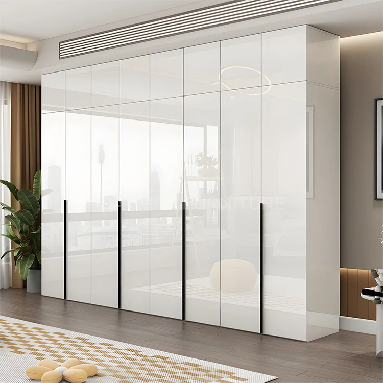 High gloss white wardrobe with computer desk clothes room storage cabinets