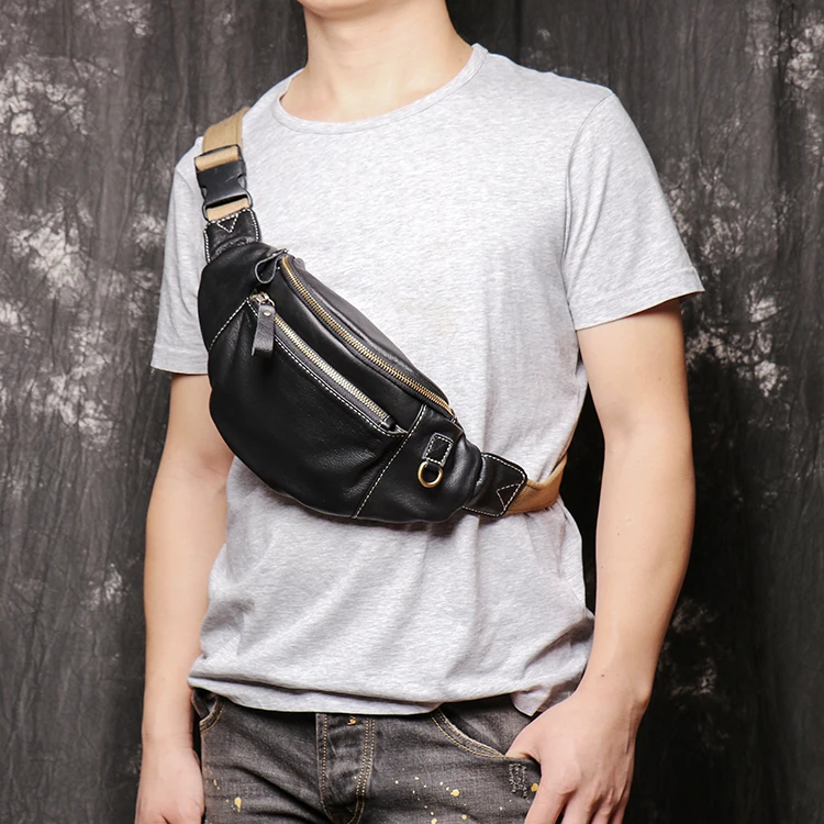Mens genuine leather tactical chest bag black leather sling bag box