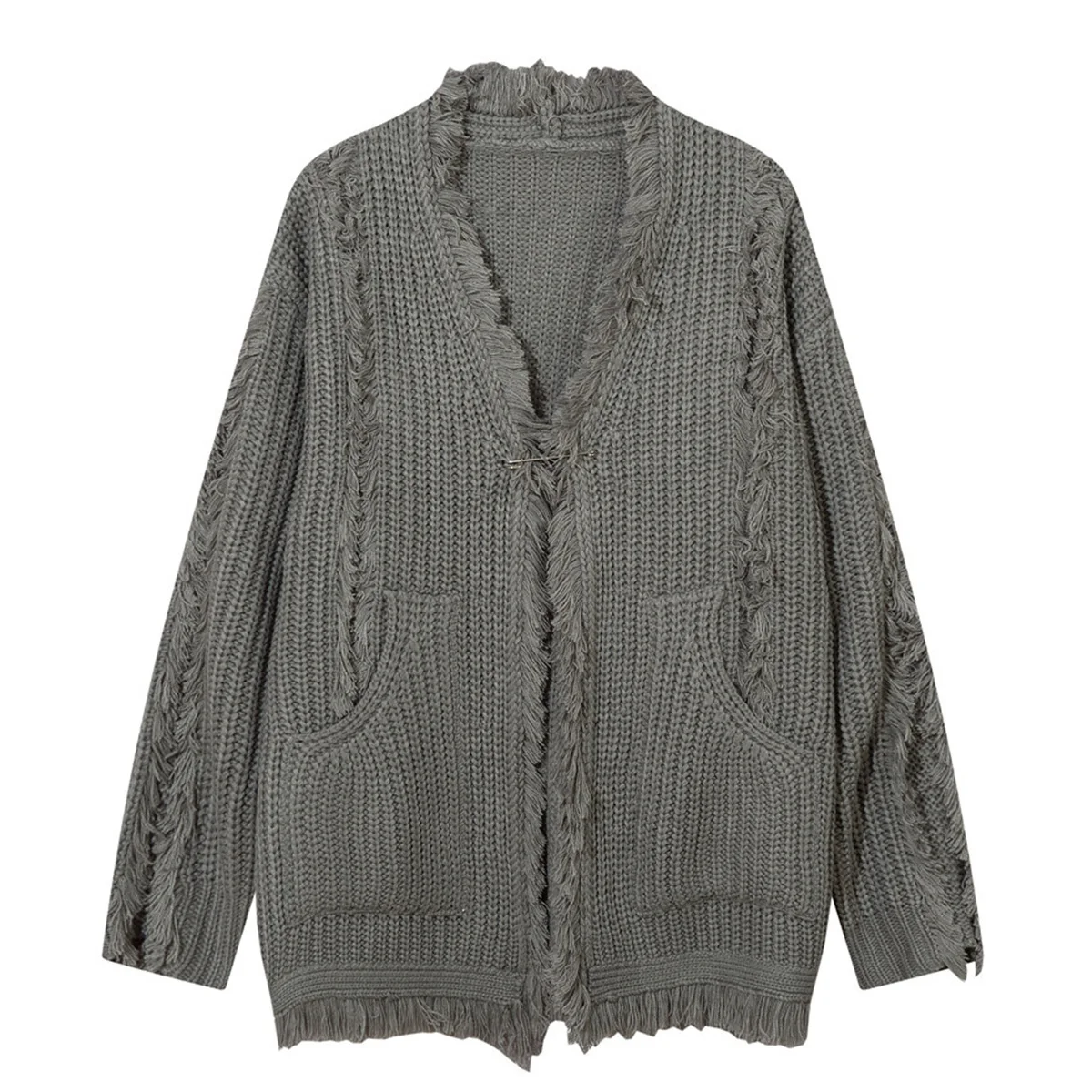 Mens Ribbon Tassels Streetwear Custom Logo Design Punk Darkwear Unisex Cardigan Sweater Loose Fringed Coat Oversized Damage Knit