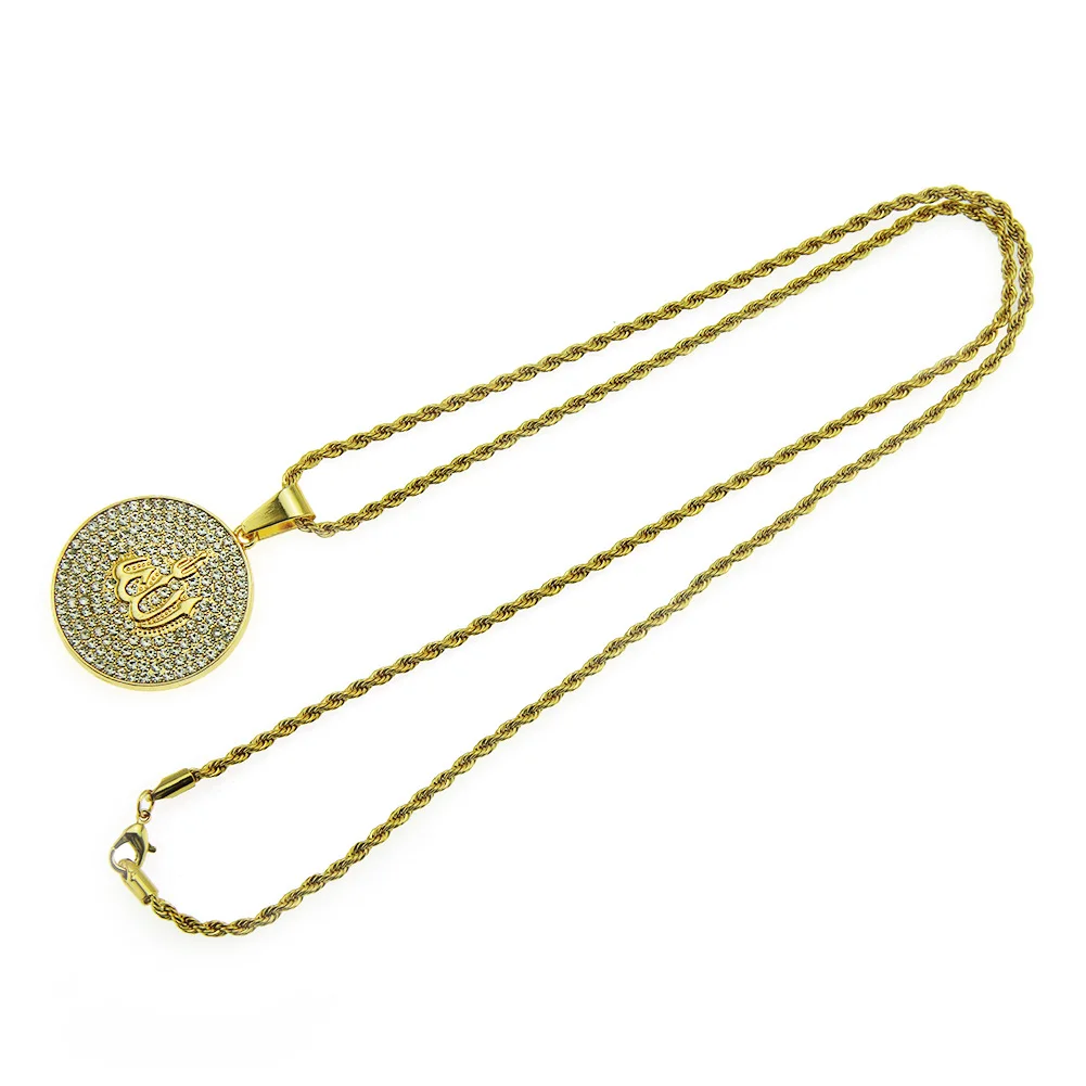 Muslim Islam Koran Allah Badge Coin Pendant Necklace Gold Plated Middle East Alloy Fashion Customized Jewelry Handmade Zircon RQ