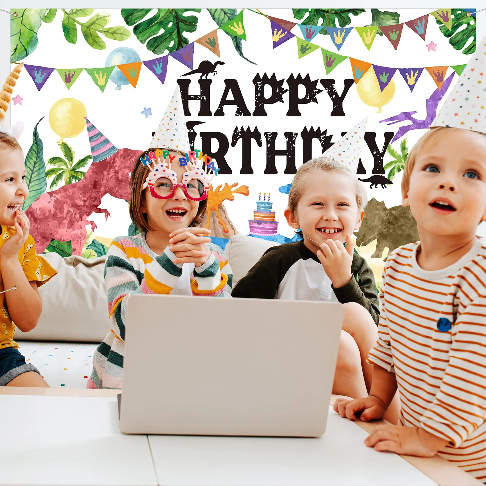 
Watercolor Dinosaur Backdrop Jungle Theme Happy Birthday Photography Background for Boy Girl Kid Adult Indoor Outdoor Decoration 