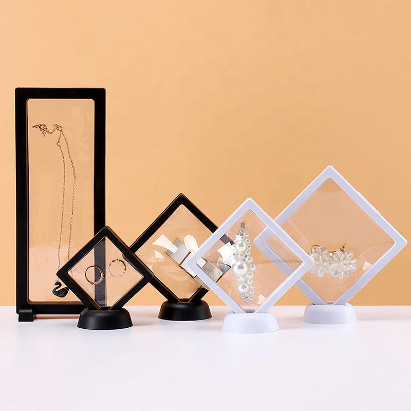 Wholesale Clear PE Film Jewelry Storage Box Packaging Plastic 3D Floating Frame Holder Stand Ring Floating Jewelry Display Box