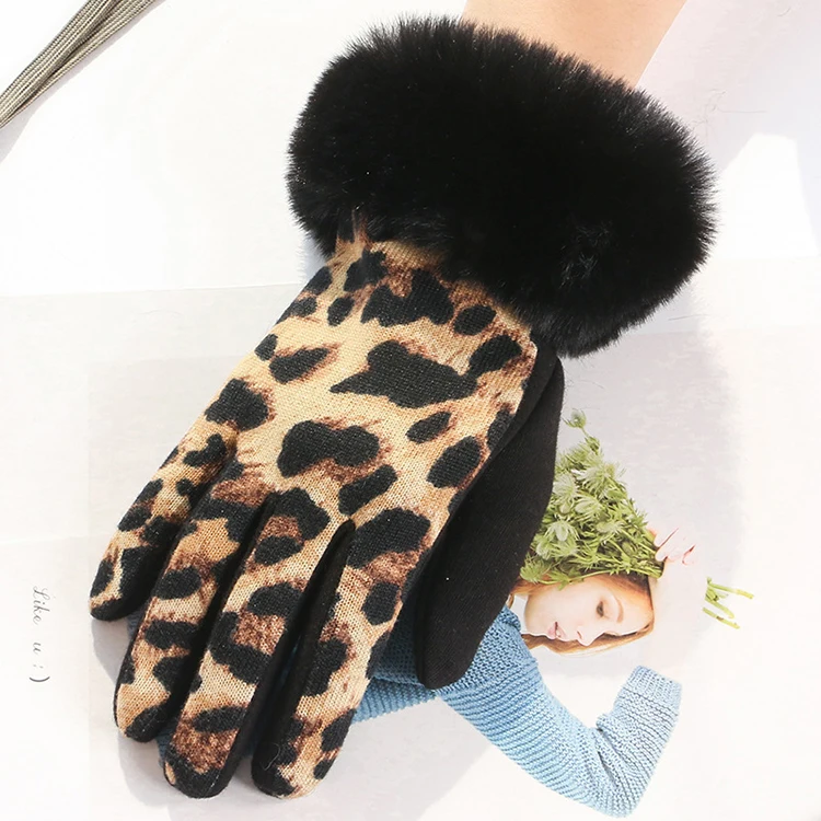 Outdoor Leopard Pattern Imitate Rabbit Fur Touch Screen Winter Fashion Fur Gloves