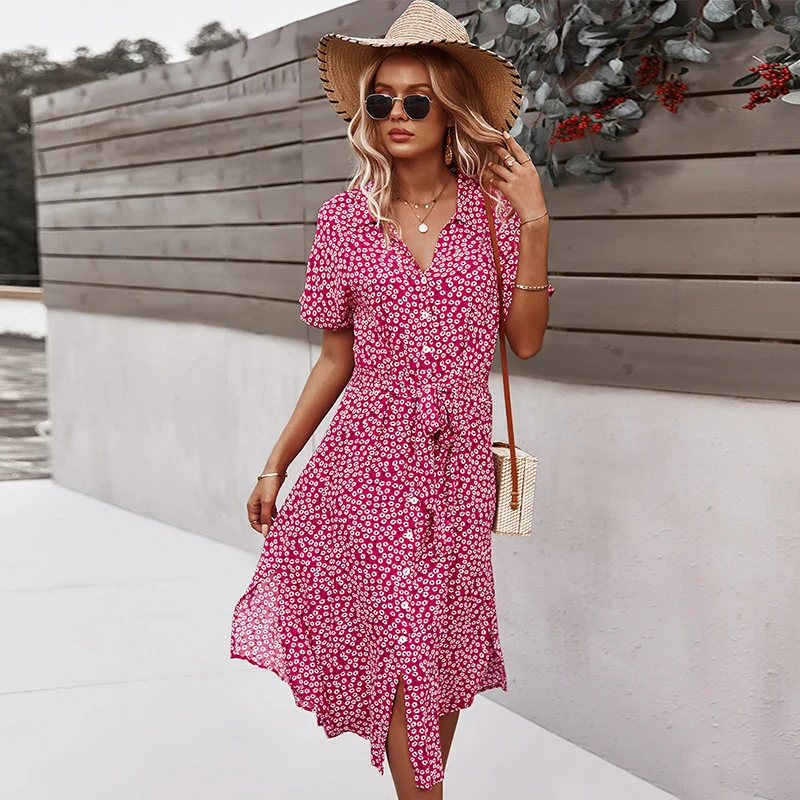 Wholesale Clothing Summer Clothes Ladies Button Down Short Sleeve Turn-Down Collar Midi Floral Print Dresses With Belt
