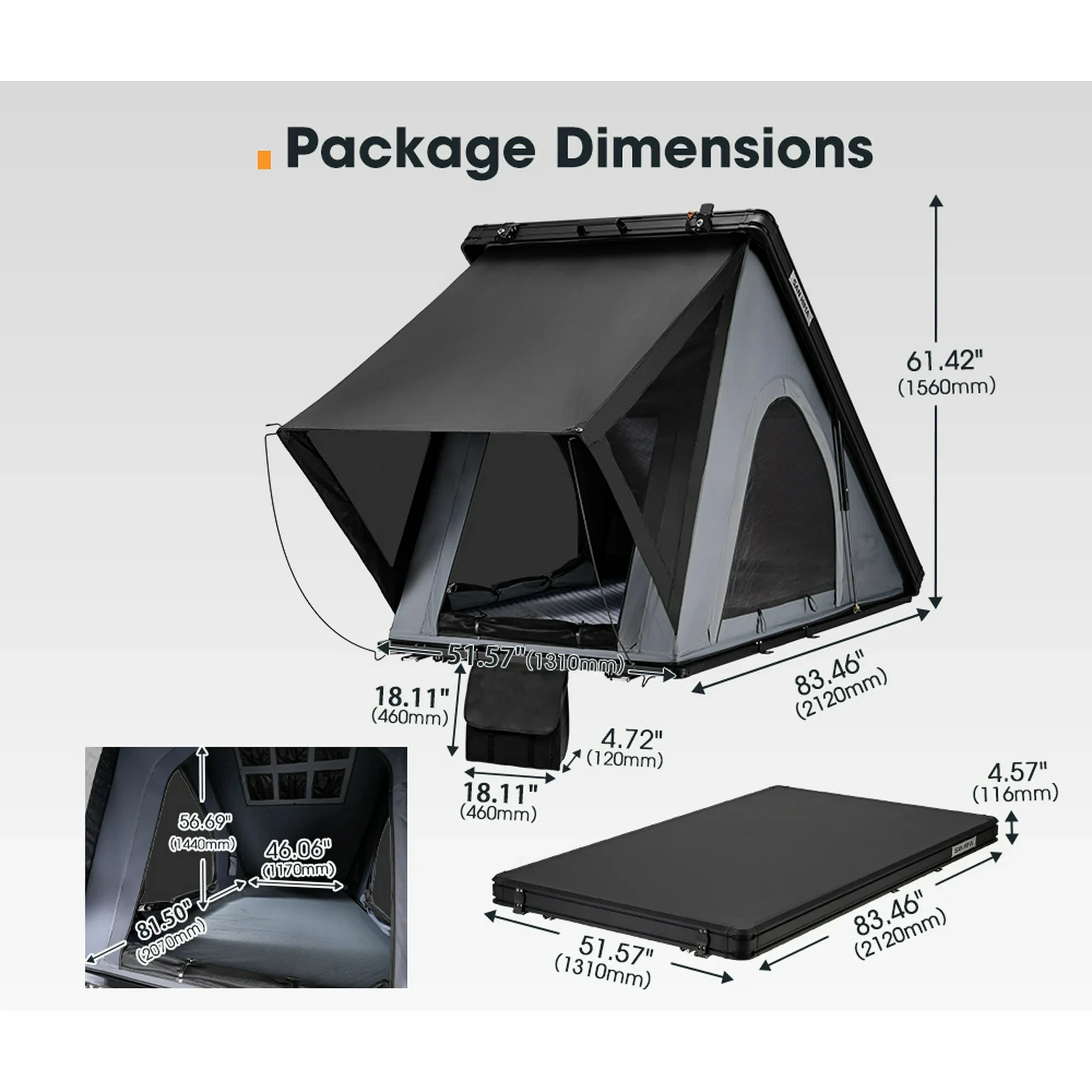 ZST Camping Triangle Car Rooftop Tent Hard Clamshell Black Gray Aluminum 4 Person Hard Shell Roof Top Tent