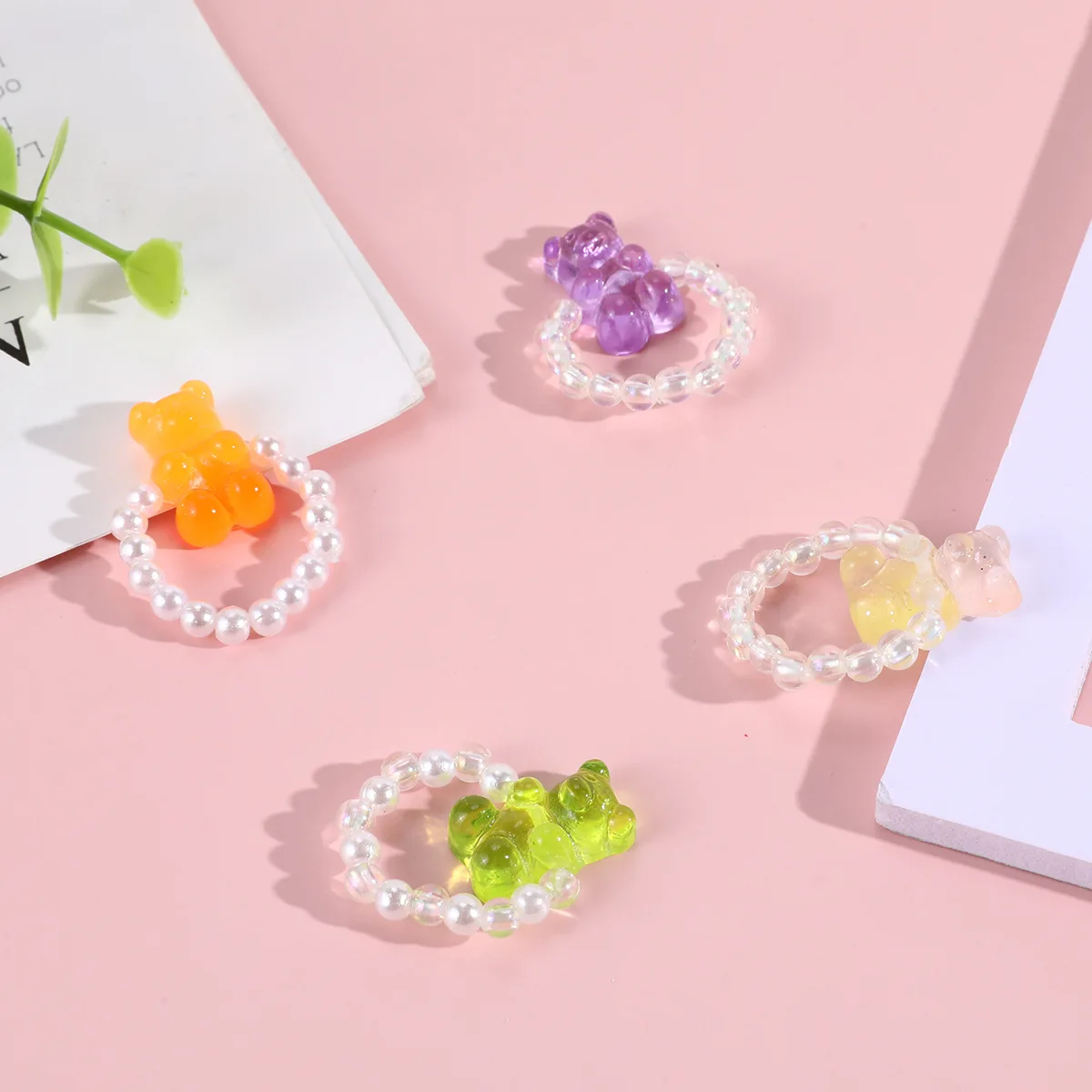 Hot Sale Cute Children Acrylic Transparent Ring Candy Bear Pearl Ring Girl