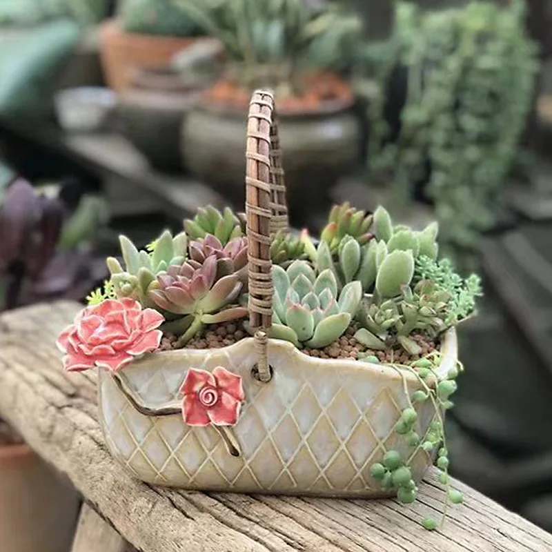 Flower Basket Rattan Hand-held Succulent Flowerpot Ceramic Green Plant Pot Indoor Decor Planter Container Pottery Basin