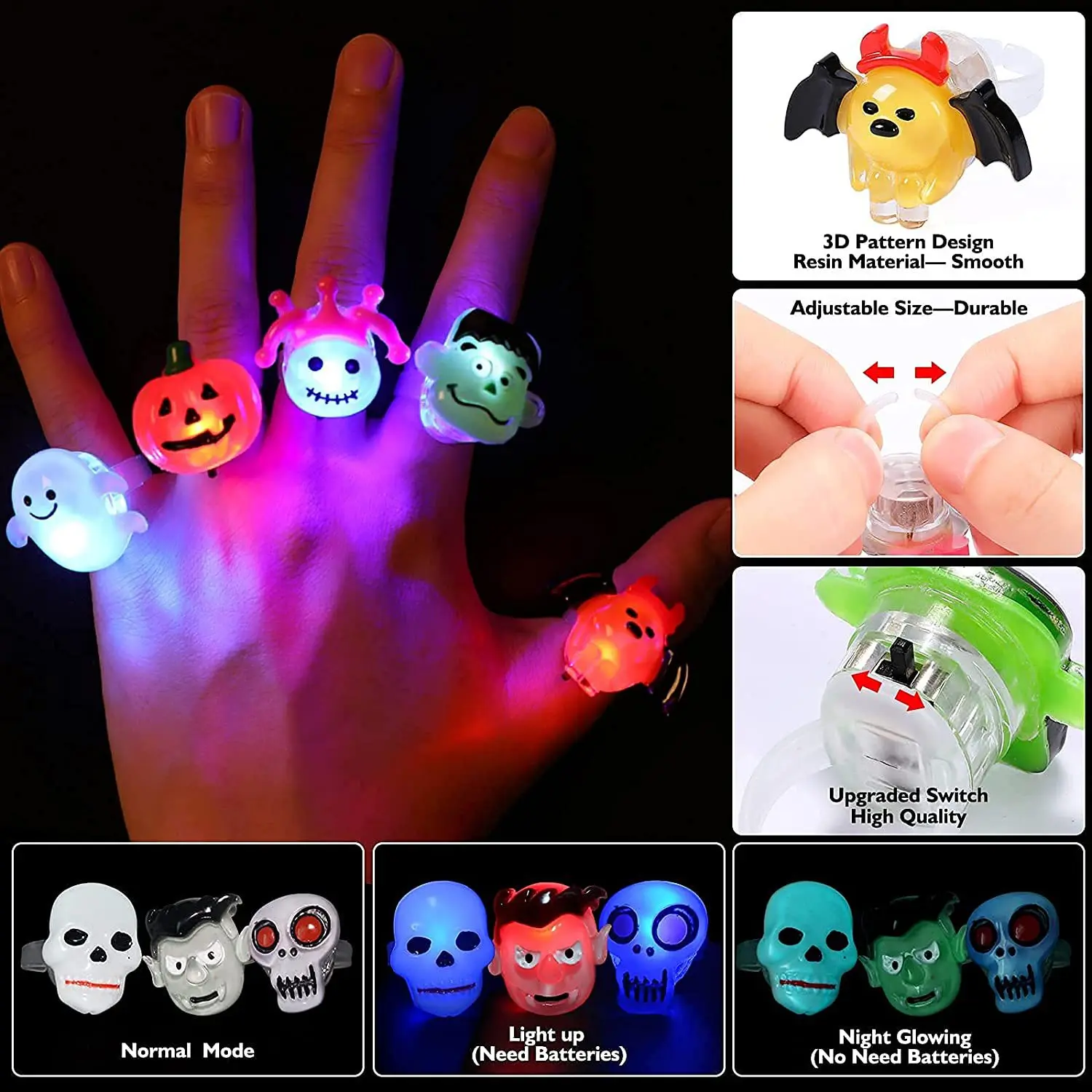 50pcs/Box Festival Halloween Lights Pumpkin Ghost Bat Grim Reaper Candy Open Adjustable Finger Ring Party Halloween Gifts