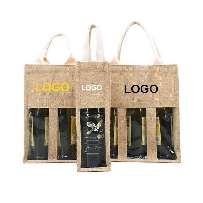 custom logo eco friendly reusable picnic 1 2 3 4 6 wine bottle bag hemp wine gift bags burlap jute wine bag with clear window