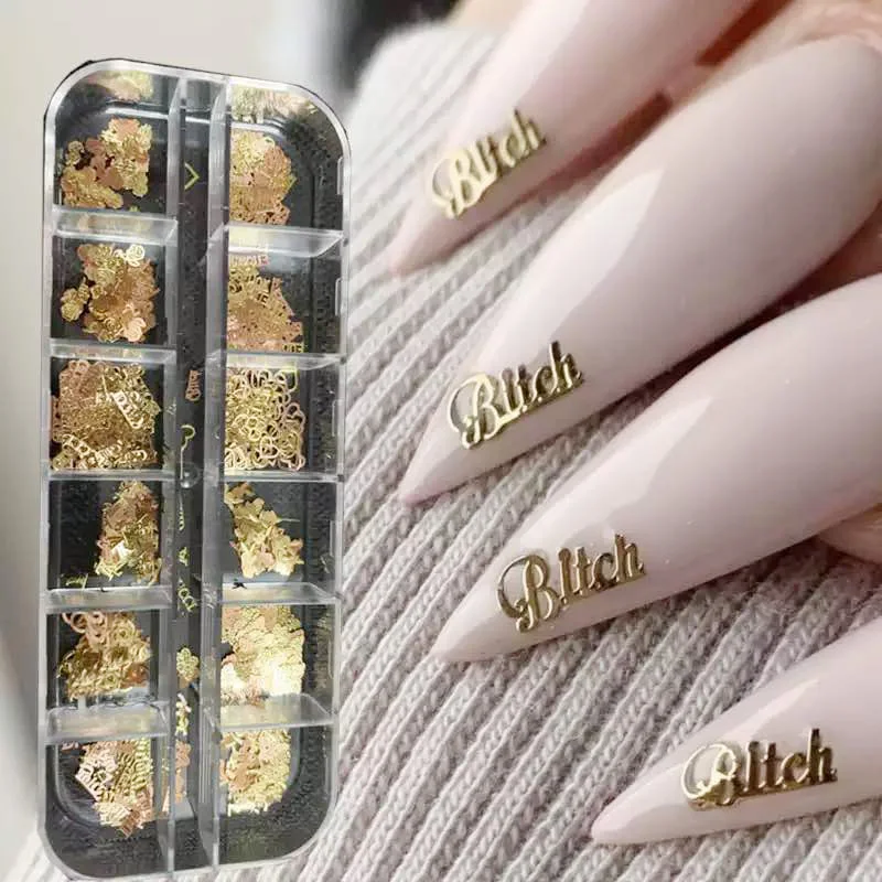 12 Grids Metal Nail Art Glitter Sequins Gold Nail Sequins Butterfly Flakes Jewelry Studs 3D Nail Rhinestones Decoration