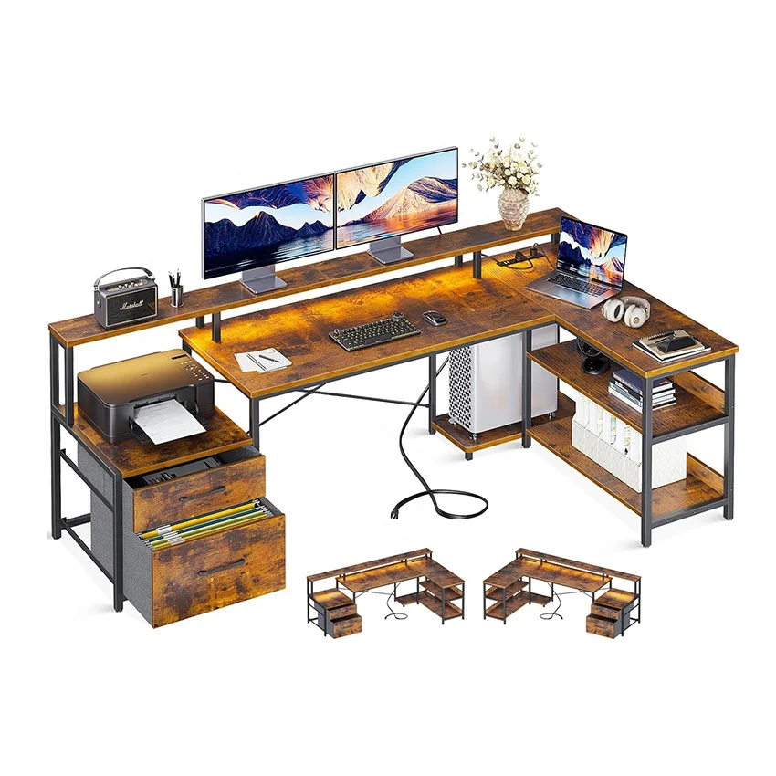 High Quality Wholesale Gaming Desks L Shaped With Led Lights Computer Desk Full-sized Monitor Shelf L Shaped Gaming Table