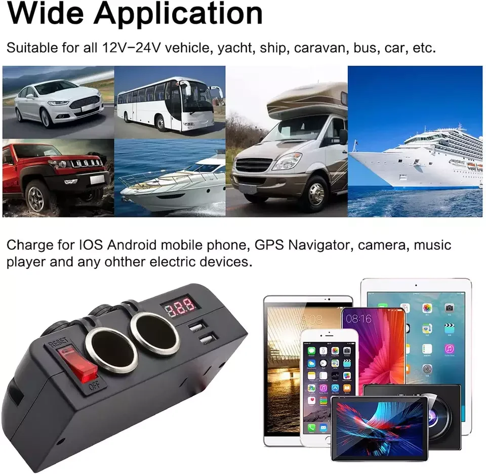 2 Sockets Cigarette Lighter Splitter Dual USB Car Charger DC Outlet Power Adapter with On Off Switch and Voltage Display