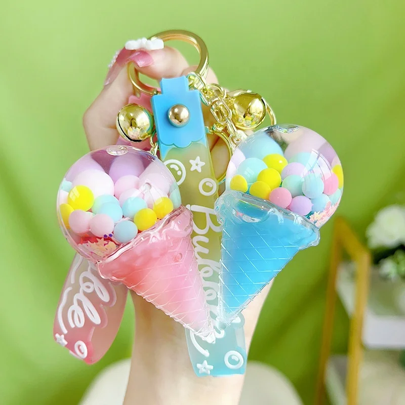2023 new cute acrylic keyring key chain ring oil floating ice cream bubble quicksand liquid  keychain