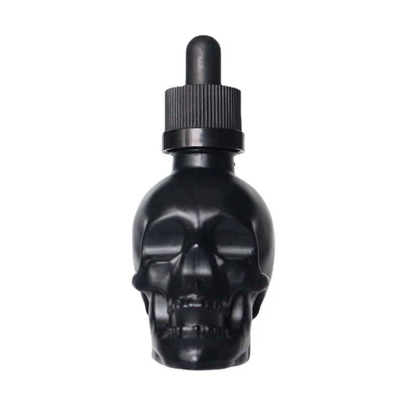 30ml 60ml 120ml Matte Black Skull Shape Glass Bottle Essential Oil Glass Dropper Bottle With Childproof Cap
