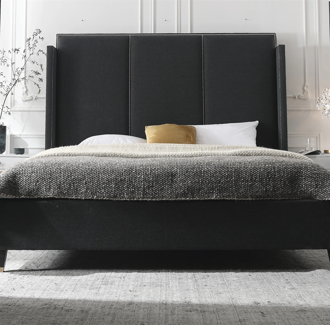 American Modern Home Furniture High Back Upholstered King Size Bed Black Fabric Double Retro Elegant Bed Bedroom Set