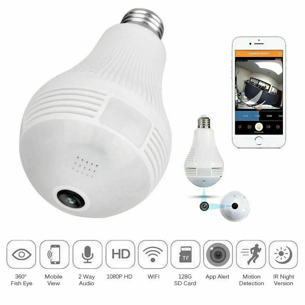 1080P 2MP HD 360 Degree Panoramic IP Wifi Camera Light Bulb Cam Lamp Security Network Camera