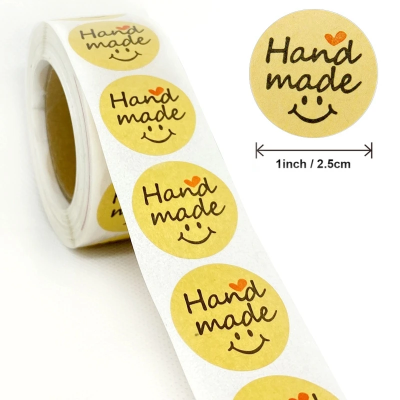 1 Inch Round Natural Kraft Paper Handmade with Love Stickers Total 500 Adhesive Labels Per Roll