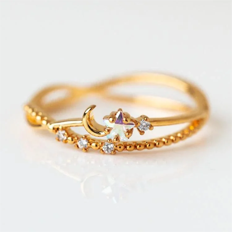 New Design Fashion Jewelry S925 Gold Plated CZ Twist Double Cross Sparkle Star Moon Ring Band