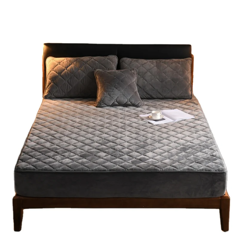 Short Plush Thicken Quilted Mattress Cover Queen Single Customized Bed Soft Warm Quilting Fitted Sheet