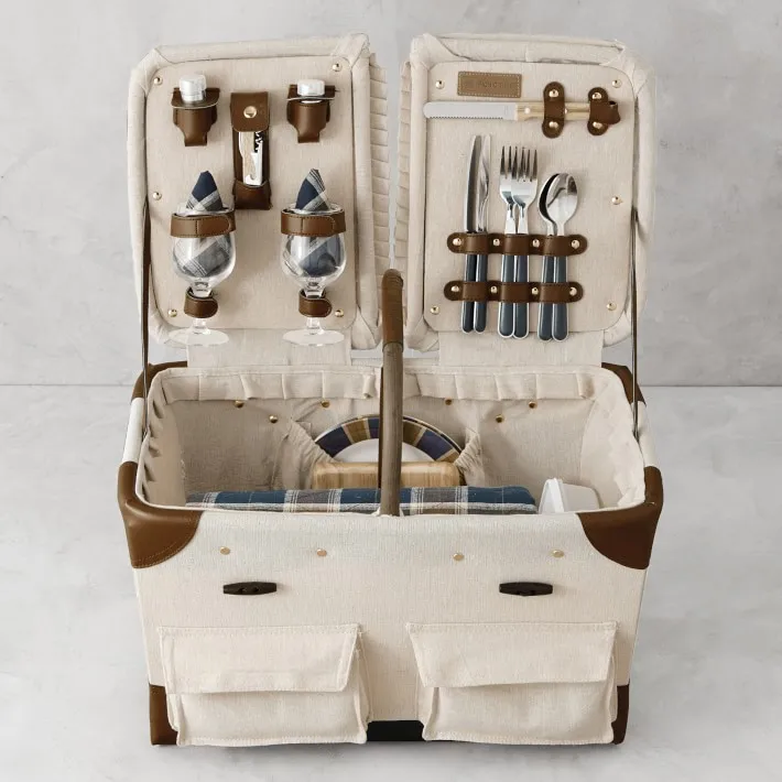 Customized Canvas Picnic Basket Outdoor Wicker Picnic Sets With Linens Wine and Cheese Tools Tableware Glassware and Cutlery