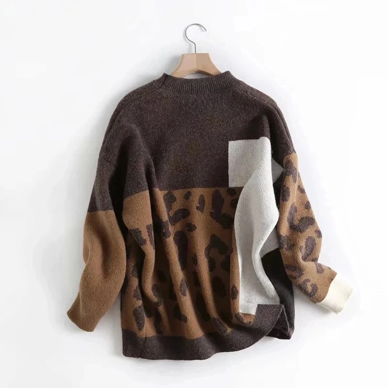 Women Sweater And Pullovers O-Neck Long Sleeve Vintage Knitted Leopard Women Sweater Autumn Pullovers Tricot Pull Femme