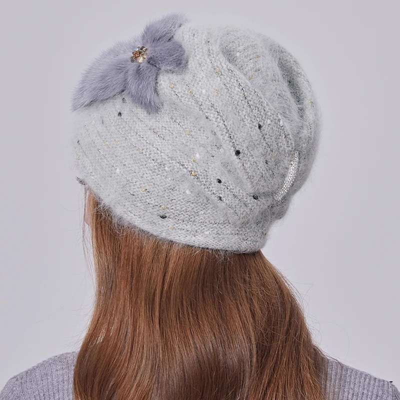 Winter Angora Wool Knit Hats for Women Real Mink Fur Leaves Pattern Beanie Fluffy Warm Hats for Ladies