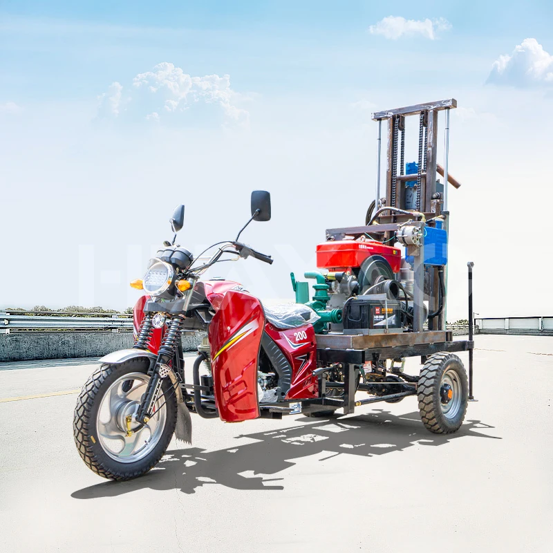 Farm homemade mini three wheeled motorcycle mounted blue 180m pebble water well drilling rig