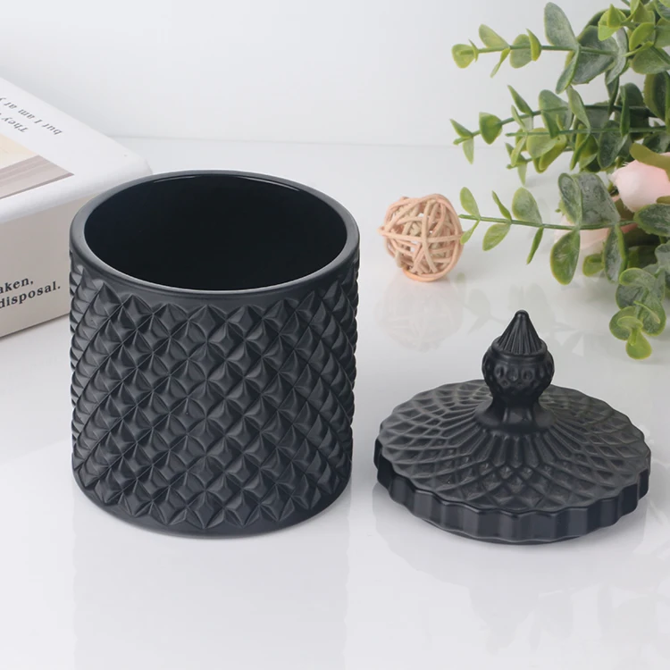 Have In Stock Geo Cut Glass Candle Jar 16oz Matte Black Glass Candle Jar With Lid