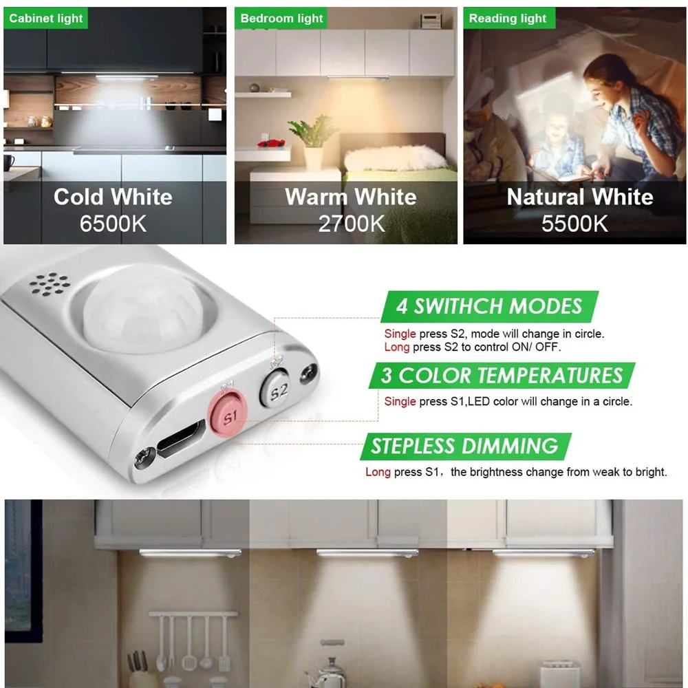 Stepless Dimmable Magnet Auto On/Off Smart Closet Light Motion Sensor for Cabinet Kitchen Stair
