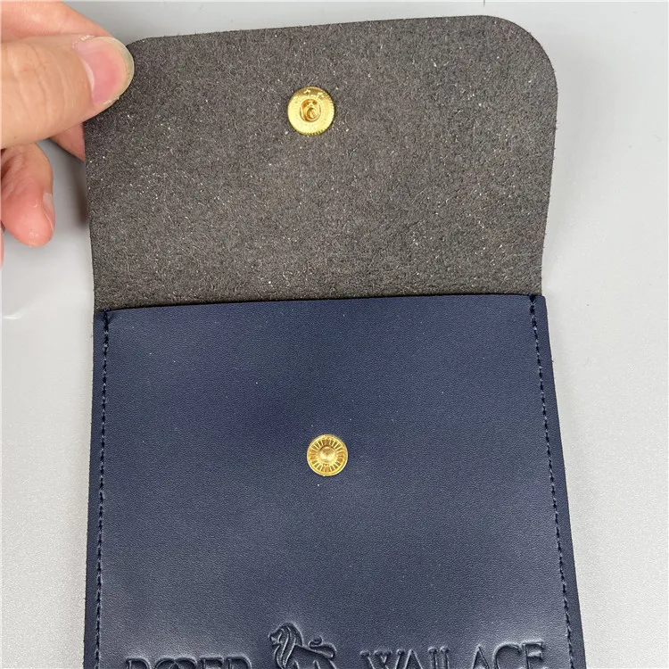 custom snap press button covered envelope shape luxury Engraved hot heat pressure sunk logo small leather purse pouch bag