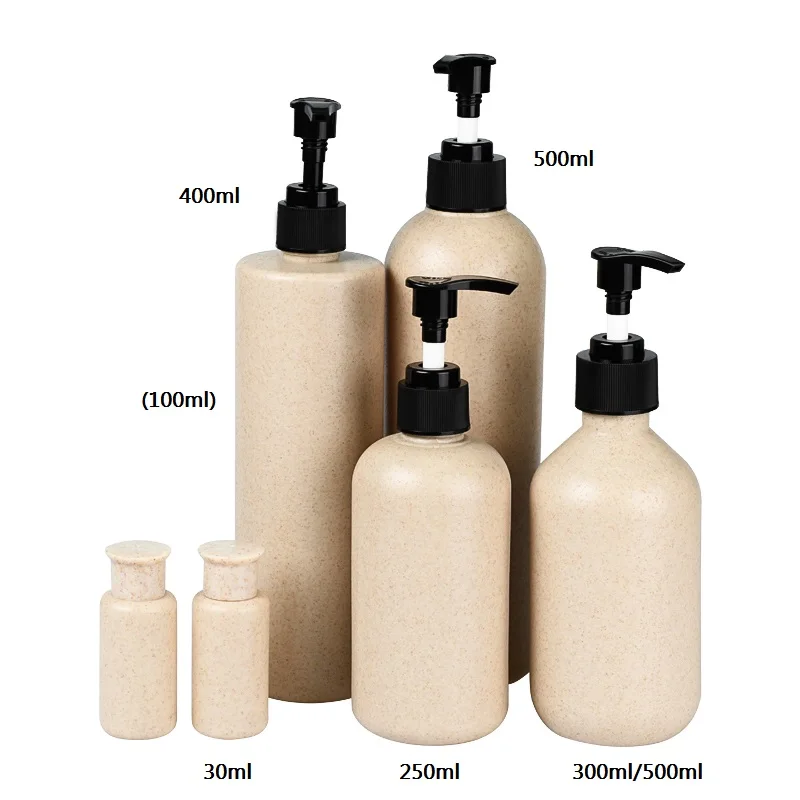 empty Hotel Supplies cosmetic container eco friendly Wheat Straw Biodegradable Plastic bottle with bamboo trigger sprayer