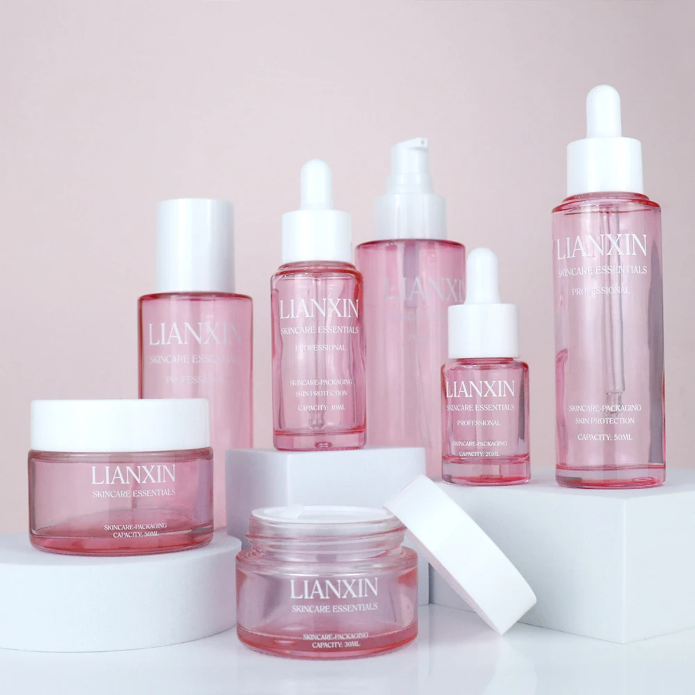 Luxury Glass Face Cream Skincare Packaging Bottle And Jar Lotion Pump 15ml 100ml 50ml 30ml Pink Cosmetic Glass Bottle