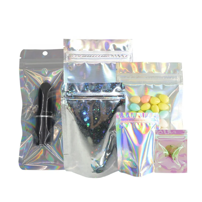 Custom Resealable Zipper Laser Holographic Cosmetic Aluminum Foil  Mylar Bags Holographic Pouches For Eyeshadow Packaging Pouch