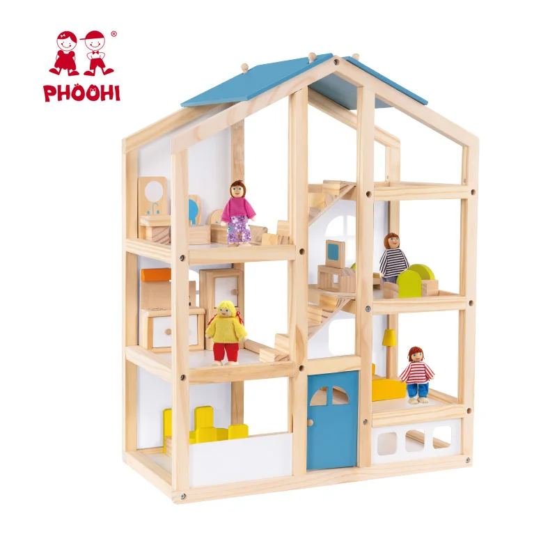 Children Pretend Role Play Baby Wooden Doll House  For kids primary color furniture set
