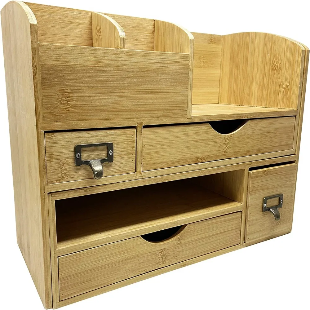 Wooden Organization Box with Drawers,Tabletop wooden Desk Organizer for Office  Bamboo Organization Box